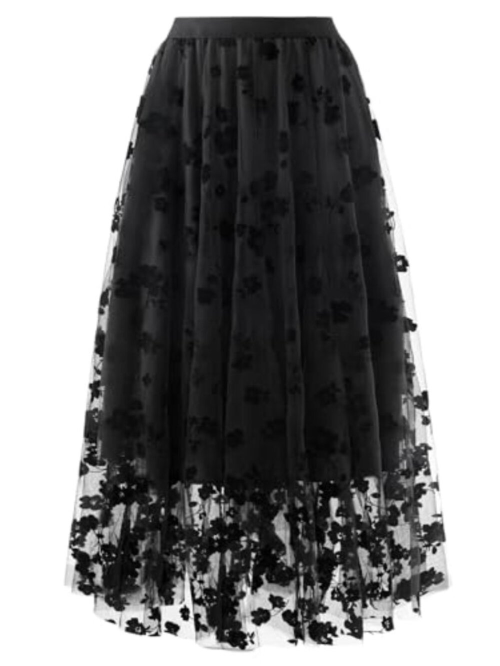 Women's Pleated Tulle Midi Skirt Floral A-Line Flowy High Waisted Fairy Tutu
